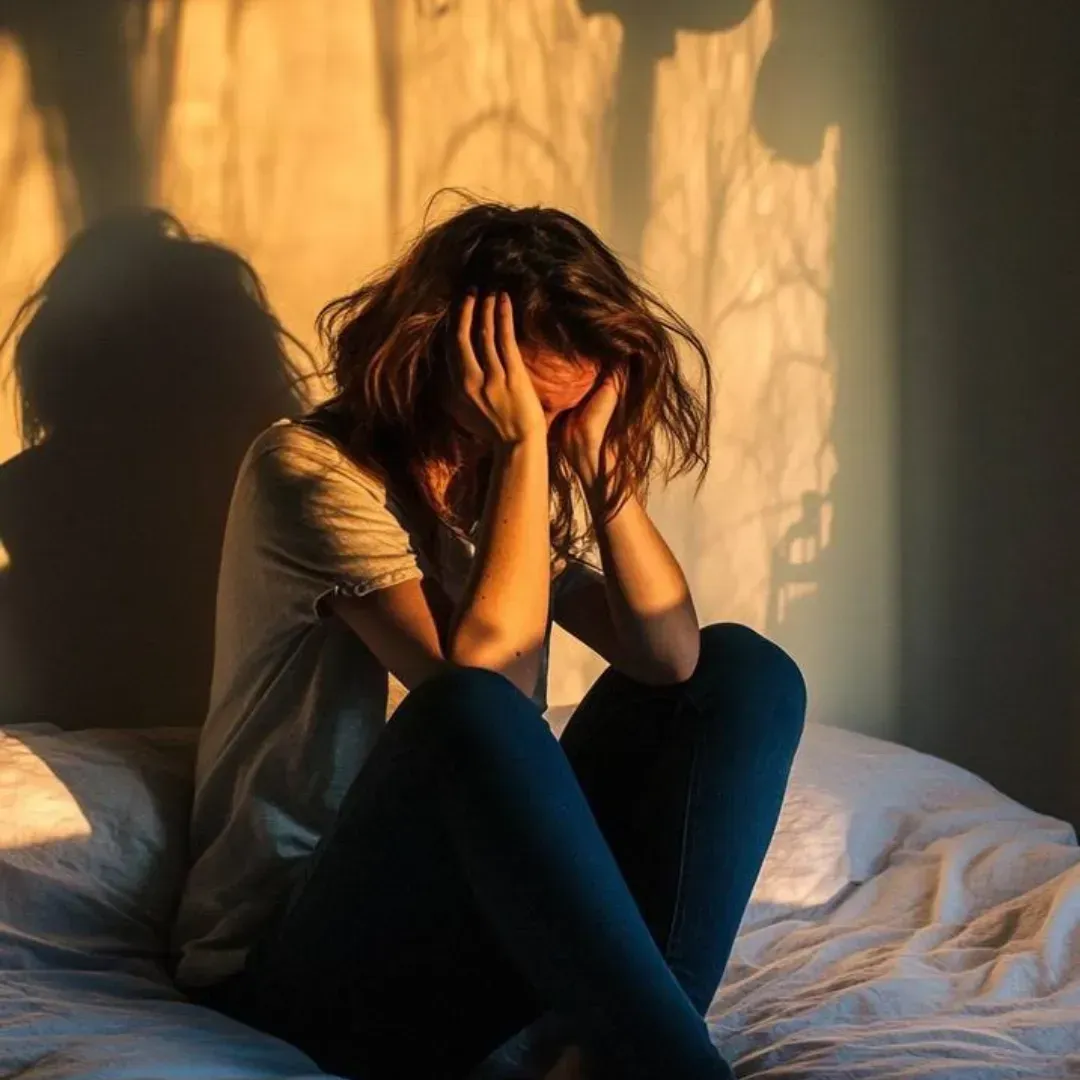 Frau vor einer Wand auf die Licht fällt. Ihre Haltung ist traurig und geknickt