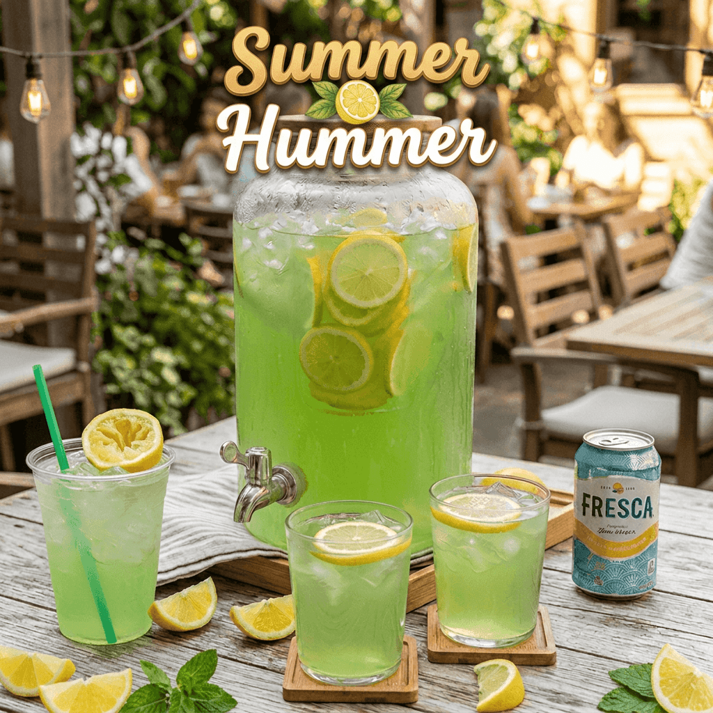 Large pitcher of Summer Hummer vodka punch made with lemon, lime, and green vodka mixed with lemonade and fresh lemon slices, served chilled over ice for a bright summer party drink
