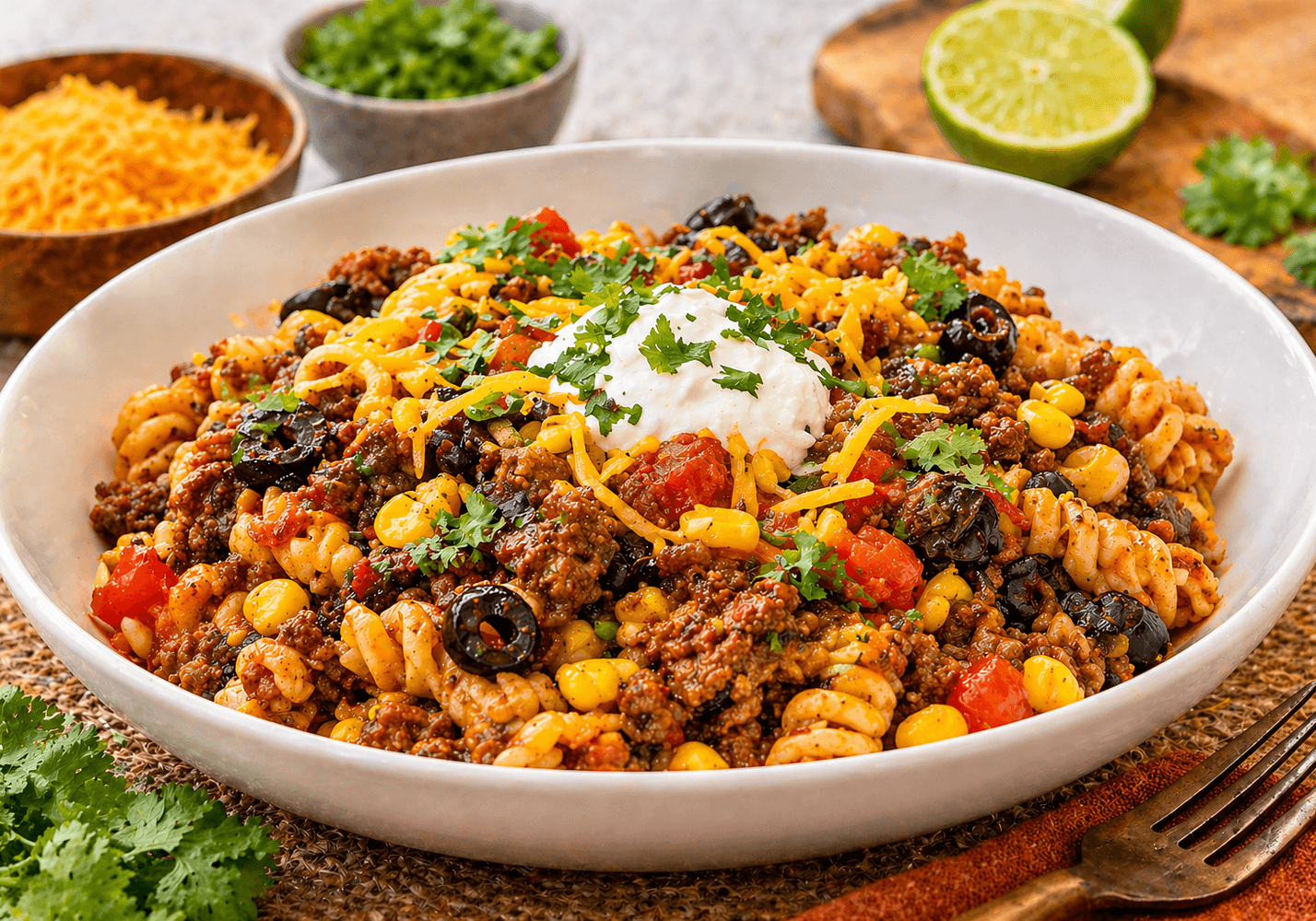 Instant Pot taco pasta in a bowl topped with sour cream, cilantro, and shredded cheddar cheese