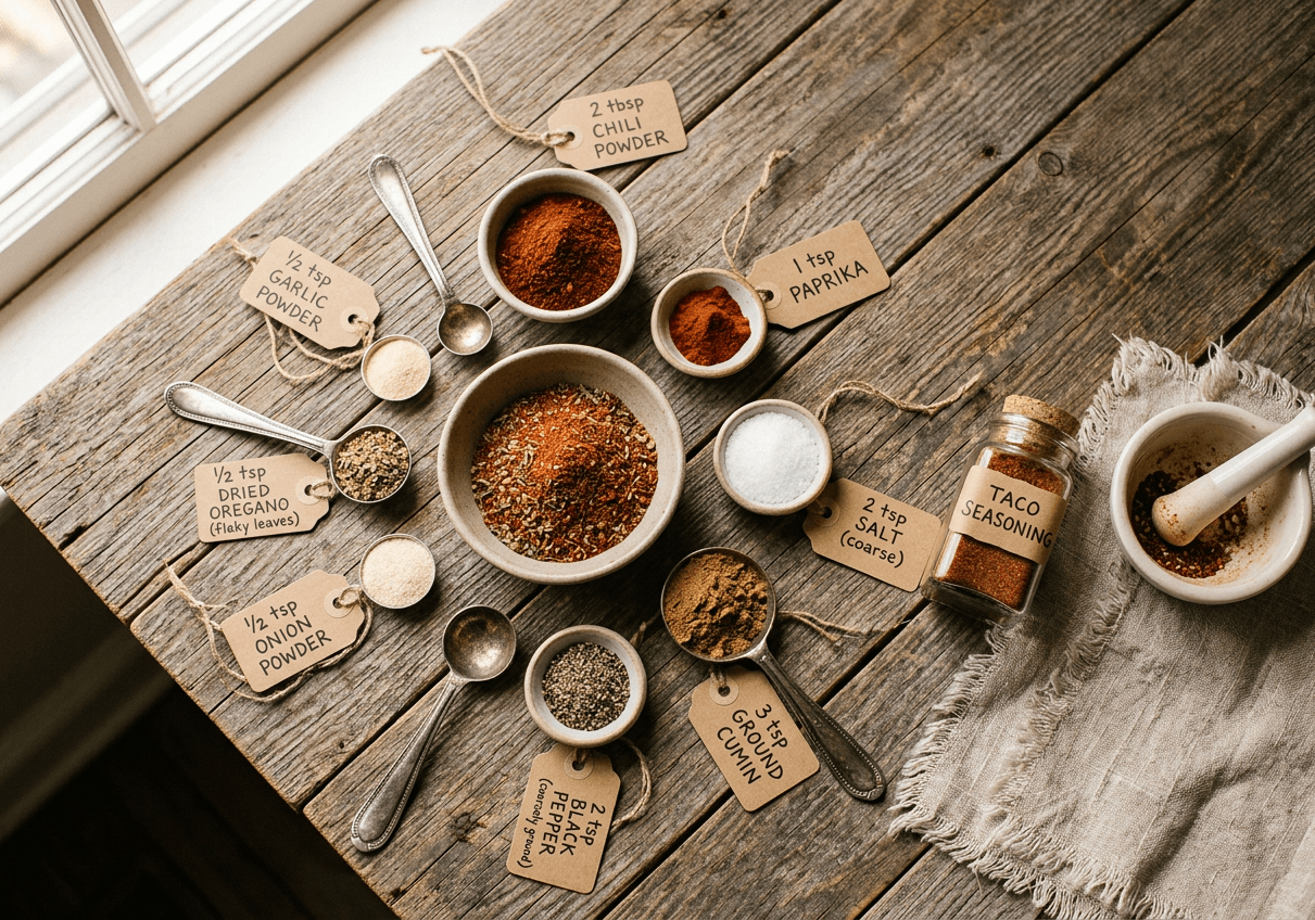 Homemade taco seasoning in a small glass jar surrounded by individual spices on a wooden surface