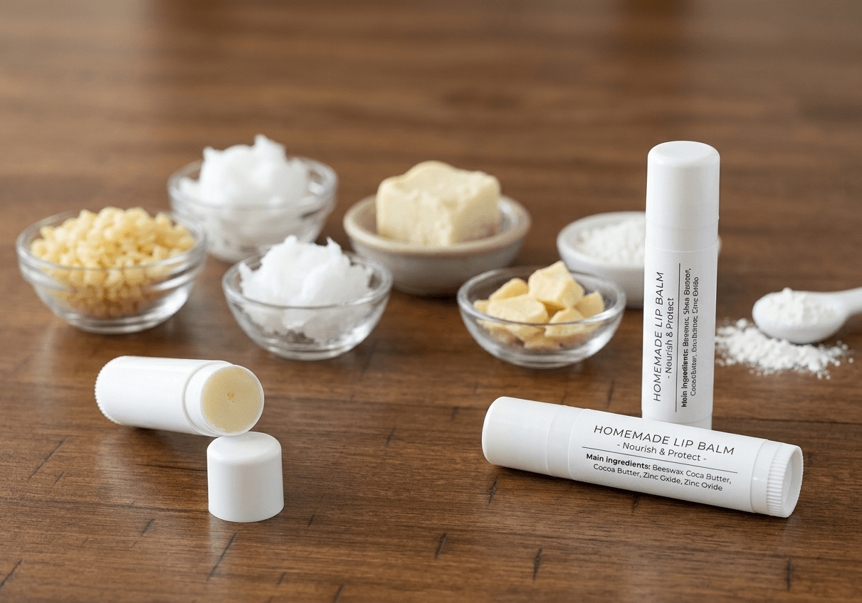 Homemade SPF lip balm in a glass jar with natural ingredients including coconut oil, beeswax, shea butter, and zinc oxide on a kitchen counter