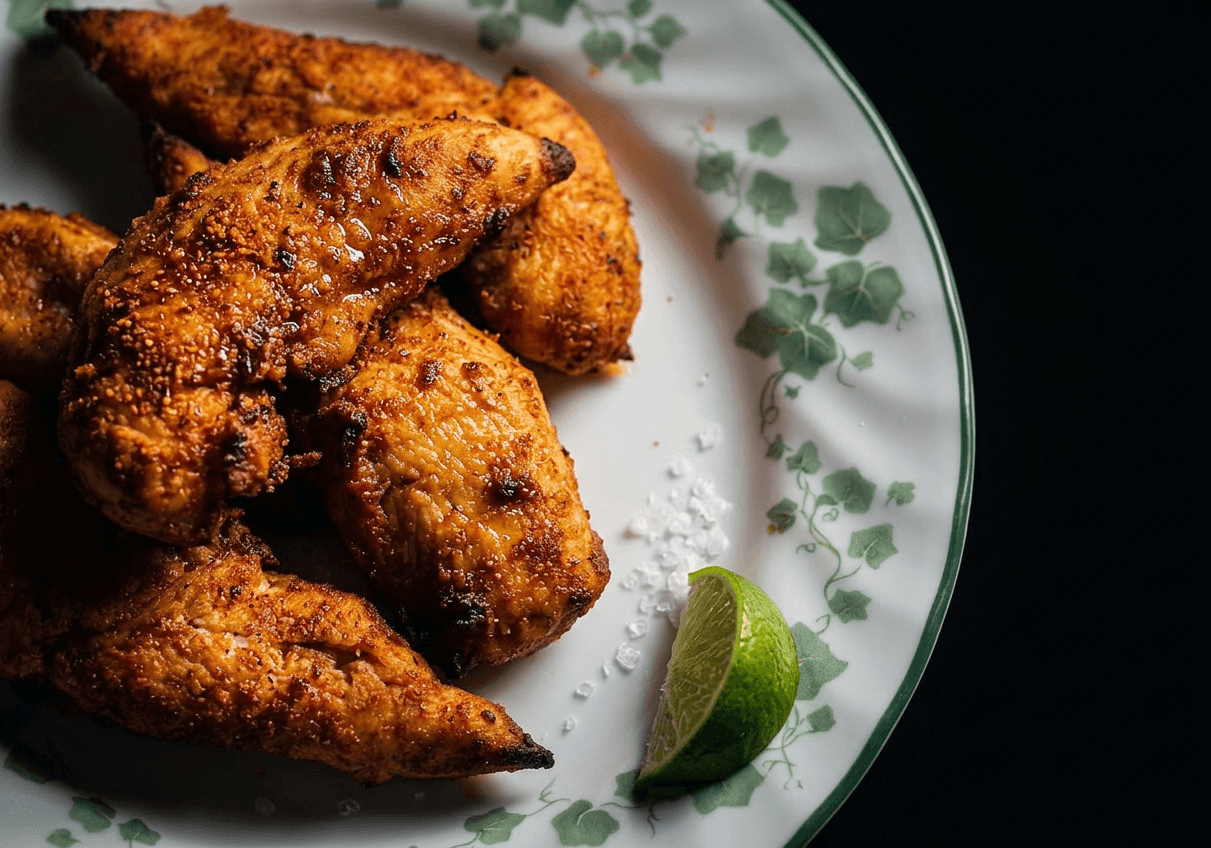 Golden brown air fryer chile lime chicken tenders served on a white plate with lime wedges, showcasing crispy edges and juicy seasoned chicken