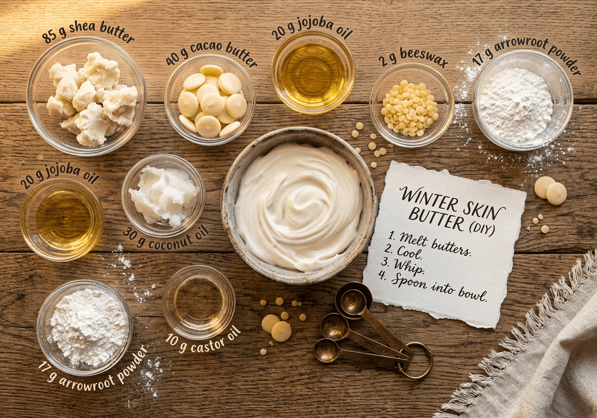 Whipped non-greasy body butter in a glass jar with a light fluffy texture made from shea butter, cacao butter, jojoba oil, and apricot oil