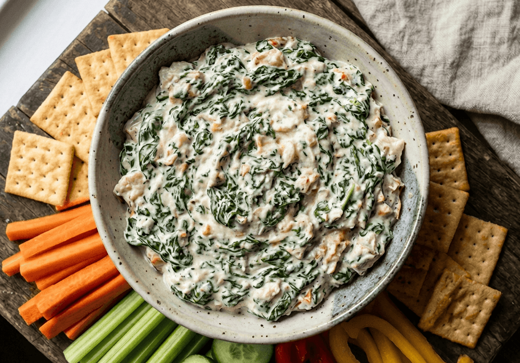 Creamy classic Knorr spinach dip served in a bowl with crackers and fresh vegetables