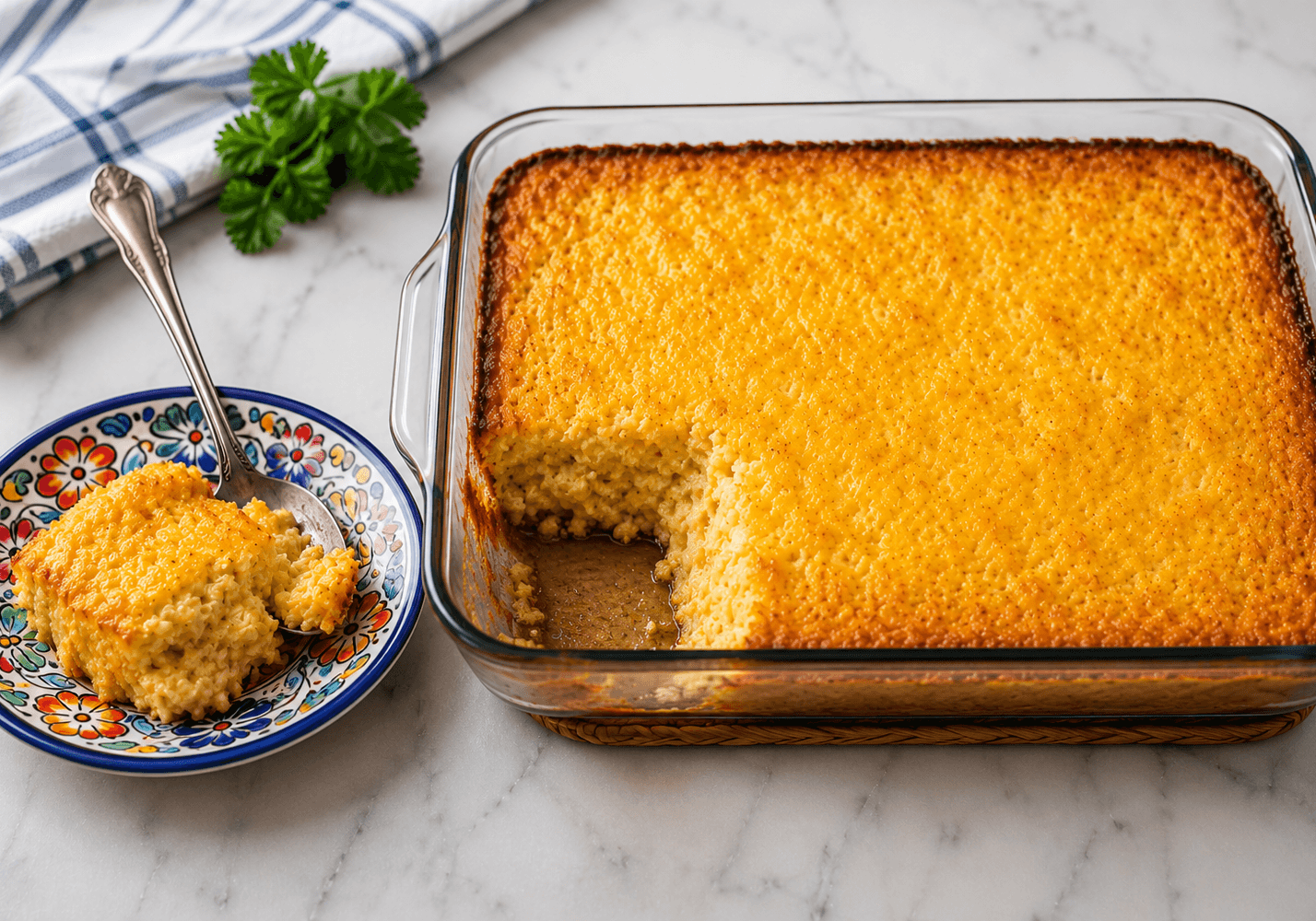 Golden brown cheesy corn casserole in a glass baking dish with a spoonful served on a colorful plate beside it