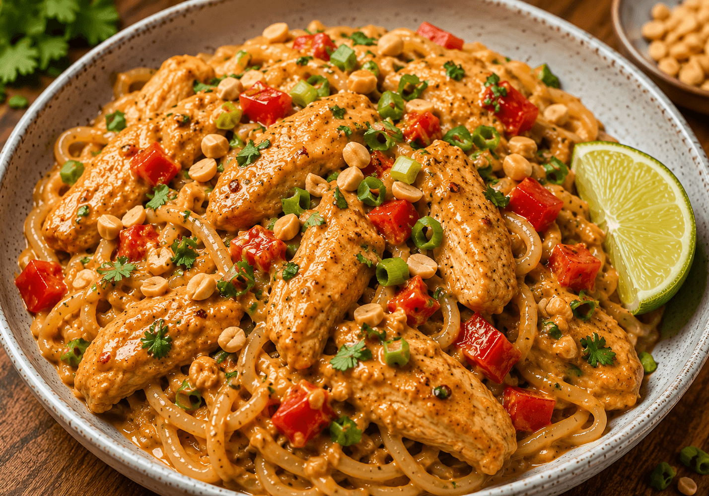 Thai peanut chicken with hearts of palm noodles in a bowl, coated in creamy spicy peanut sauce, topped with diced red peppers, green onions, crushed peanuts, and a fresh lime wedge