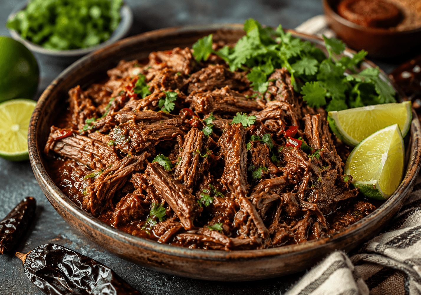 Shredded chipotle Mexican chuck roast in a bowl with lime wedges and cilantro, low-carb crockpot recipe.