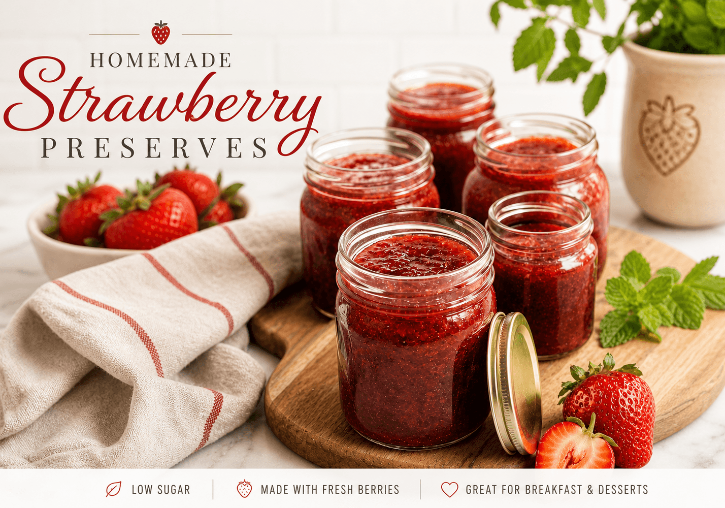 Fresh homemade strawberry preserves in small glass jars made with ripe strawberries and low sugar