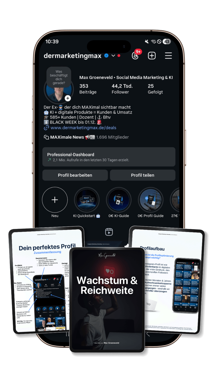 Mockup vom Instagram-Profil @dermarketingmax und Mockups zu Inhalten des Coachings.