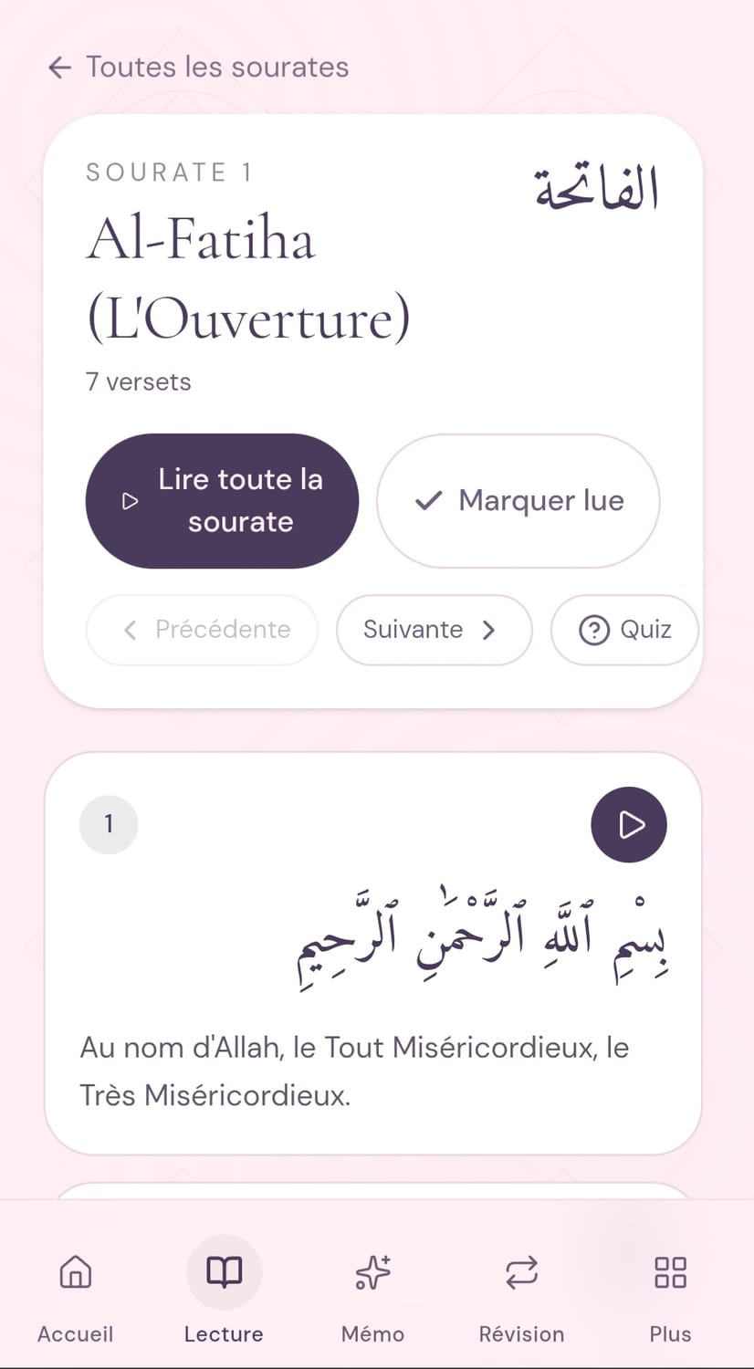 Écran de lecture du Coran dans Sakinah