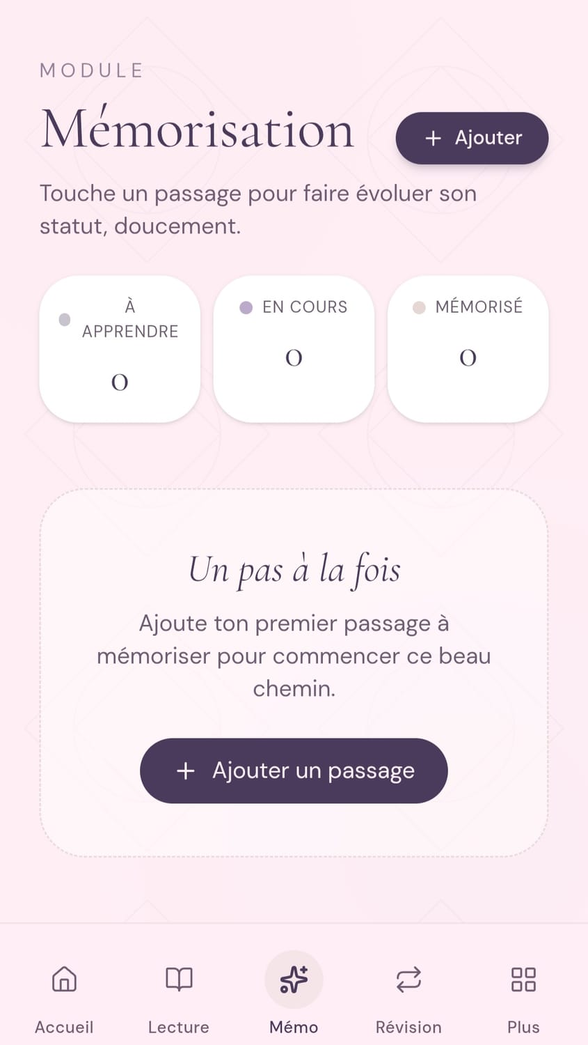 Écran de mémorisation dans Sakinah
