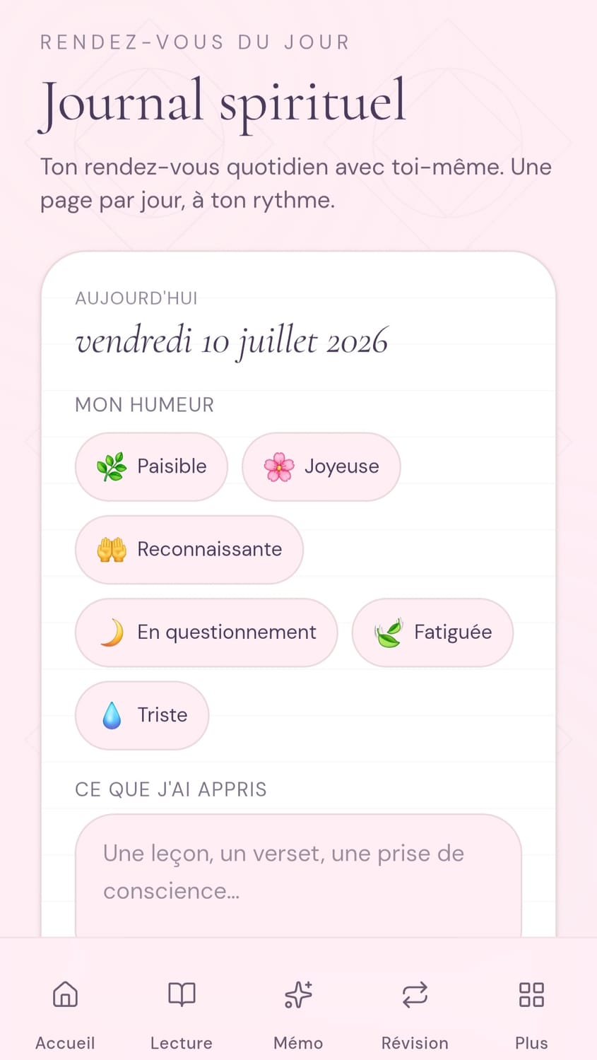 Écran du journal spirituel dans Sakinah