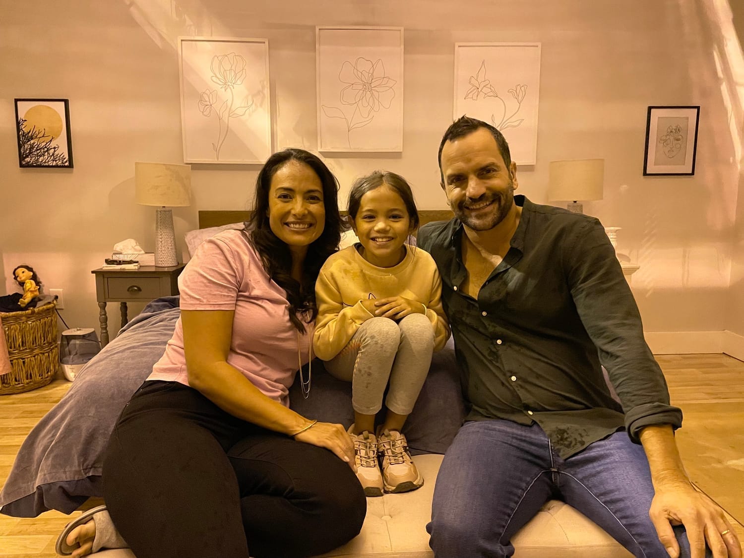Vanessa Fox with co-stars Carlos and Nicola during Pillow Talk filming.