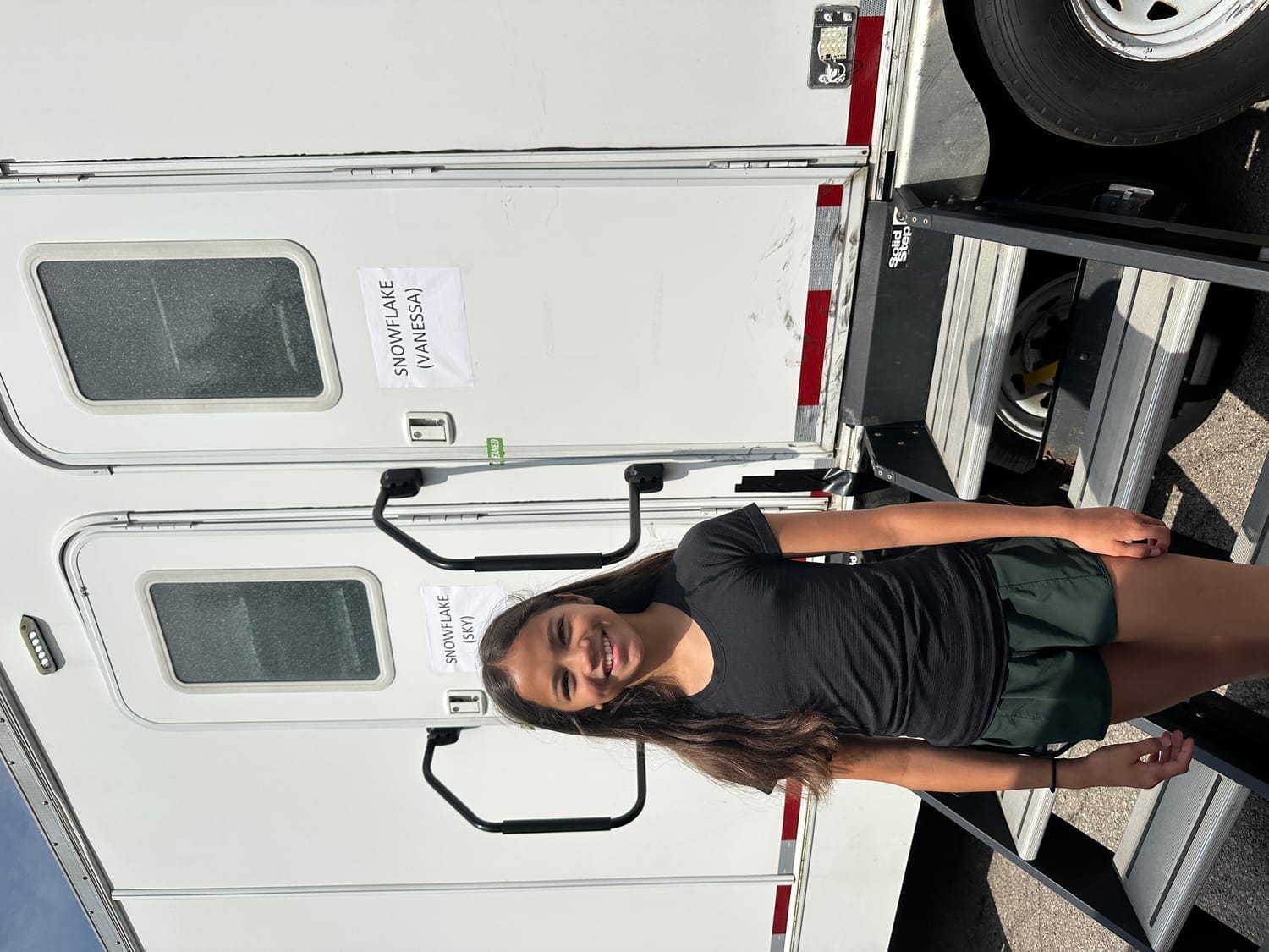 Vanessa Fox standing outside her on-set trailer during Murdoch Mysteries filming..