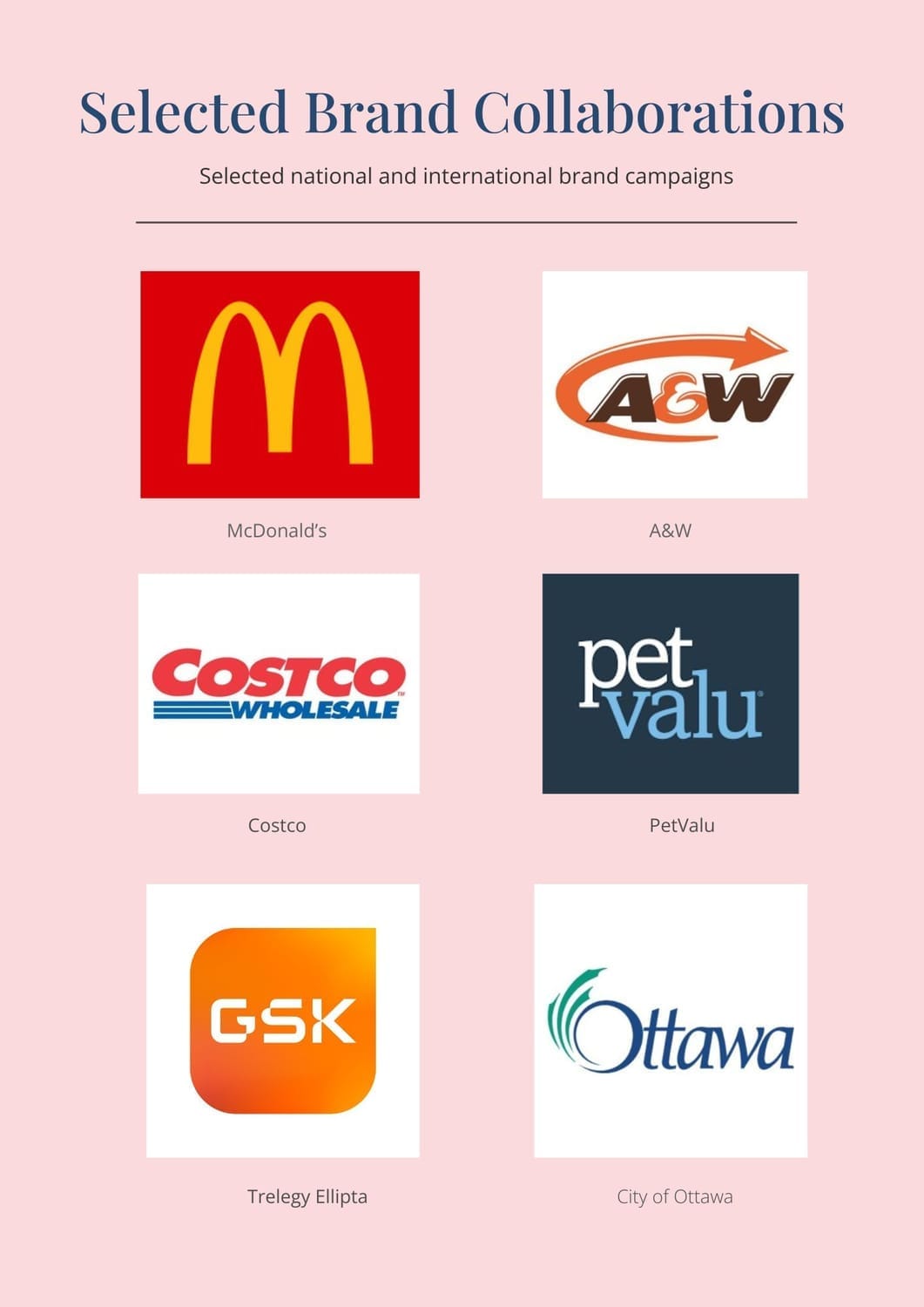 Logos of national and international brands Vanessa Fox has worked with, including Costco, PetValu, GSK, and the City of Ottawa.