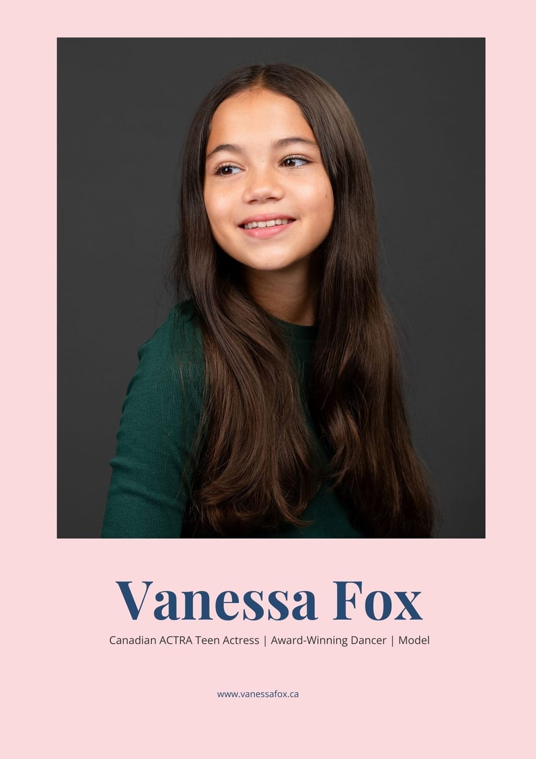 Professional headshot of Vanessa Fox, Canadian ACTRA teen actress, dancer, and model, featured in her official media kit.