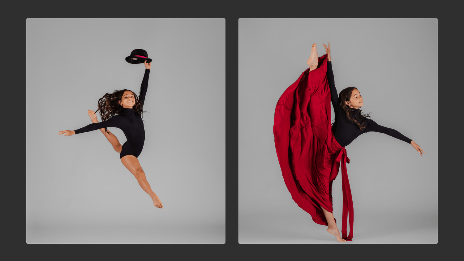 Vanessa Fox performing a dynamic hat leap and a high-leg extension with flowing red fabric