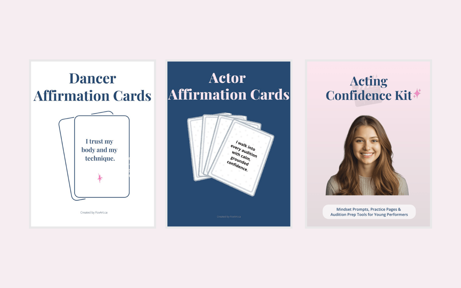 FoxArt digital resources featuring dancer affirmation cards, actor affirmation cards, and an acting confidence kit for young performers.