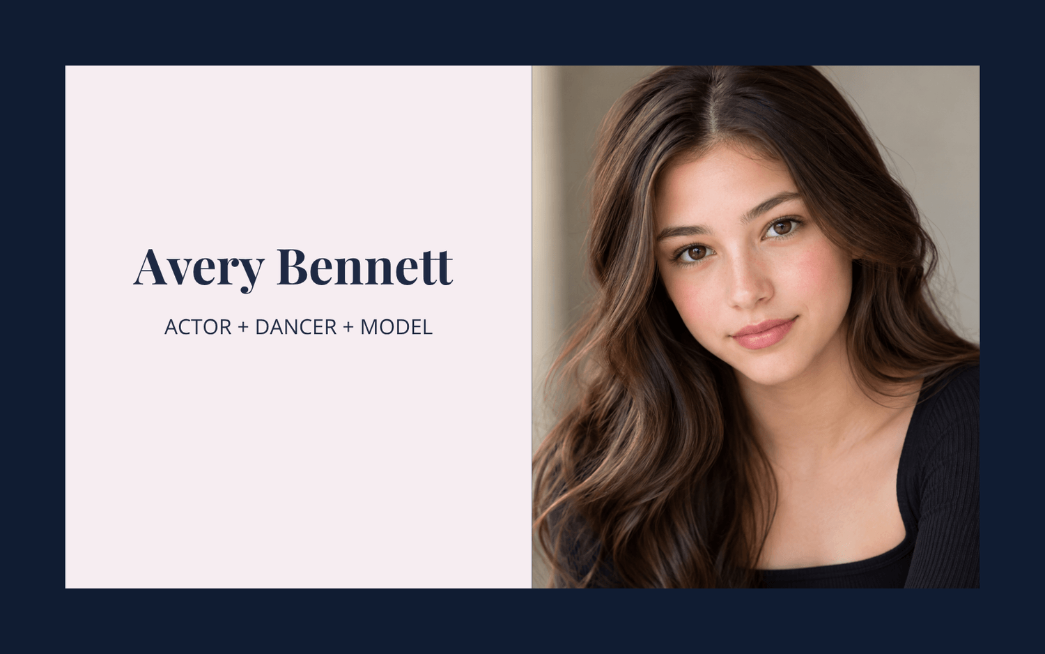 Actor, dancer and model portfolio website concept by FoxArt featuring Avery Bennett's name and professional-style headshot.