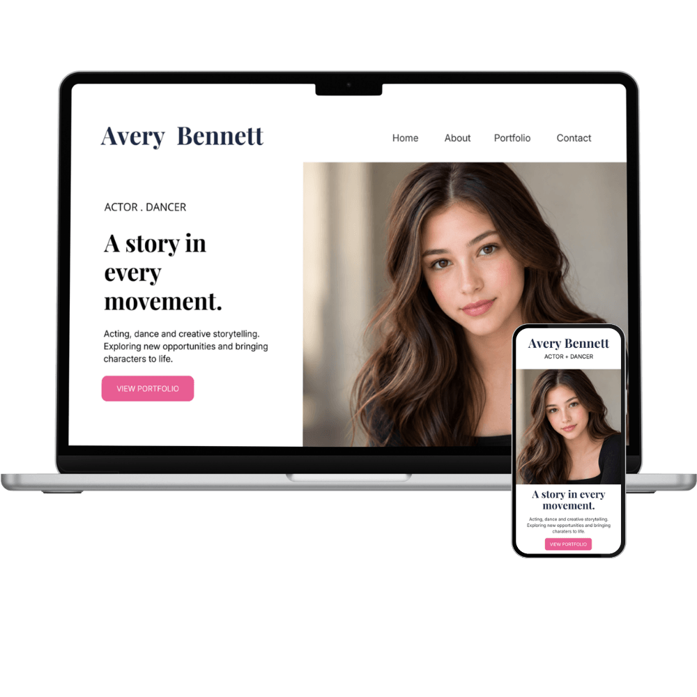 Responsive actor and dancer portfolio website design by FoxArt, featuring the Avery Bennett demo on a laptop and smartphone.