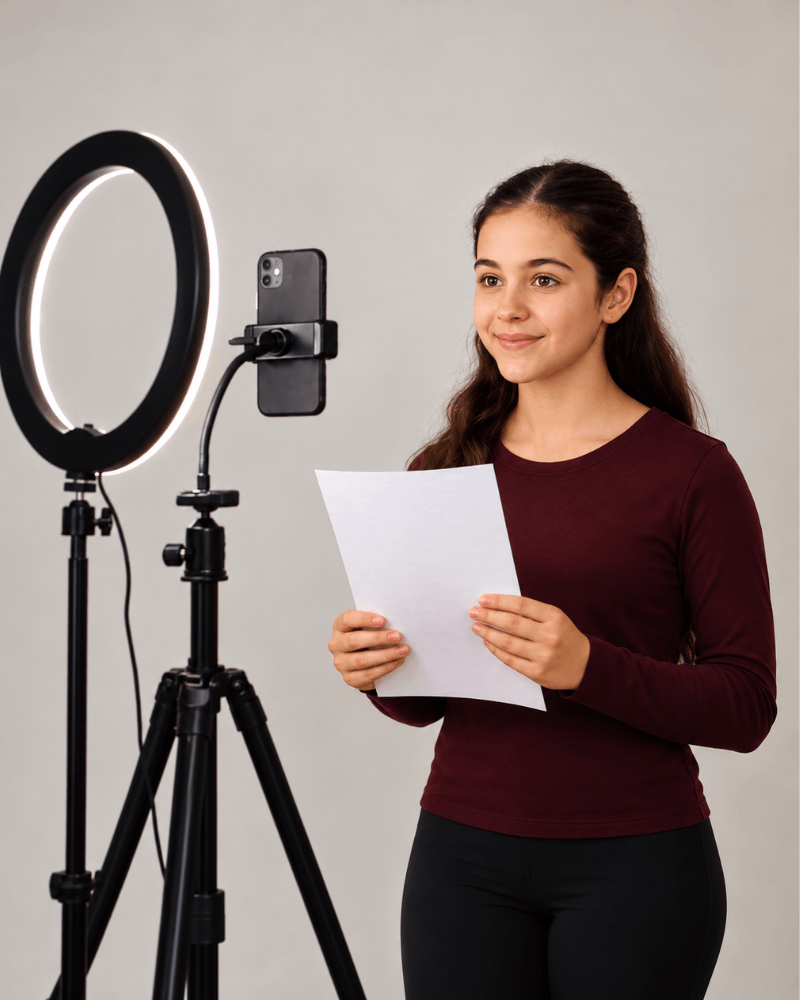A young actor practicing a self-tape audition with a script, smartphone, tripod, and ring light.