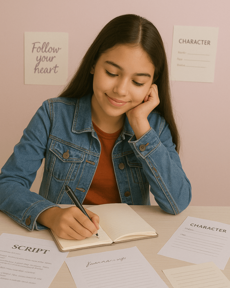 A young aspiring actor writing in a notebook surrounded by character development worksheets and acting scripts.