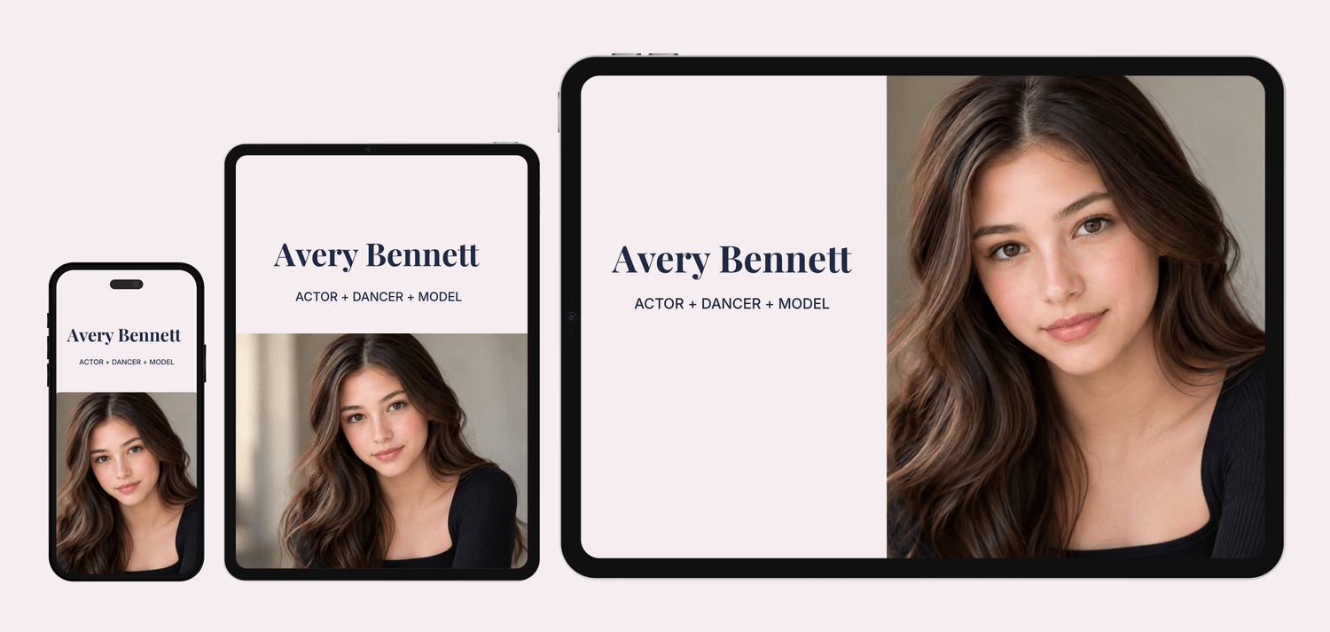 FoxArt actor, dancer and model portfolio website concept for Avery Bennett, displayed on mobile, tablet and desktop screens.