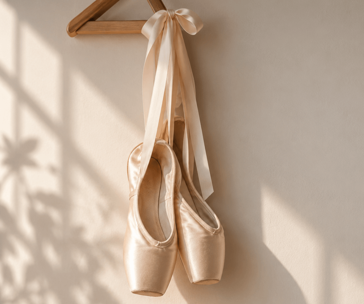 Elegant ballet pointe shoes in warm natural light, representing the creative journey behind FoxArt.