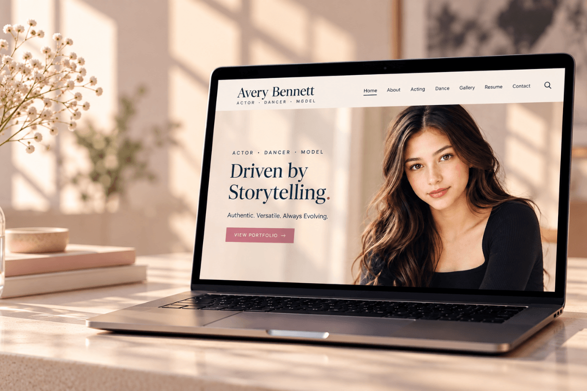FoxArt performer portfolio website mockup featuring Avery Bennett’s actor and dancer portfolio displayed on a laptop in a warm, sunlit creative studio.