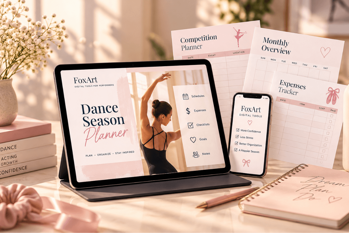 FoxArt Dance Season Planner displayed on a tablet alongside a smartphone, competition planner, monthly calendar, and dance expense tracker.