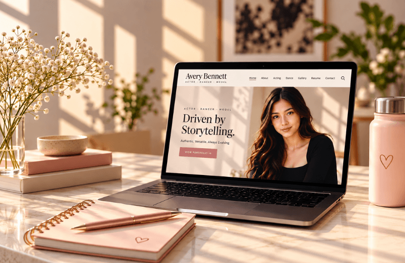 FoxArt creative studio featuring an Avery Bennett performer portfolio website on a laptop in a warm, sunlit workspace.