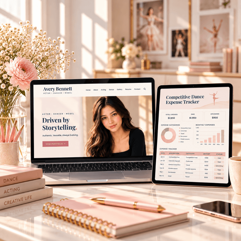 FoxArt shop featuring an Avery Bennett actor and dancer portfolio website on a laptop beside a competitive dance expense tracker on a tablet, displayed in a warm, sunlit creative studio.