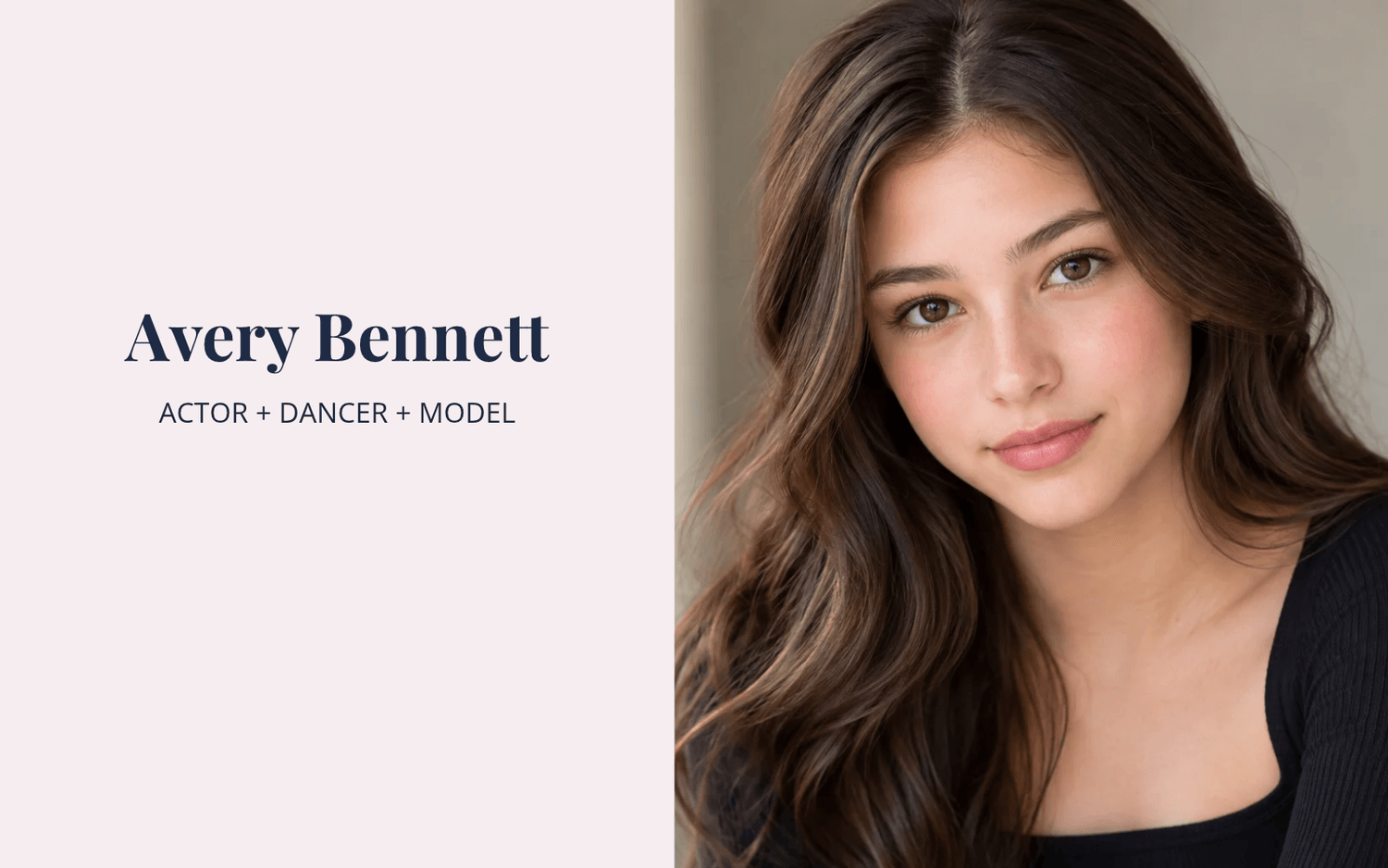 FoxArt performer portfolio website concept featuring Avery Bennett, an actor, dancer and model, with a professional-style headshot and elegant website layout.