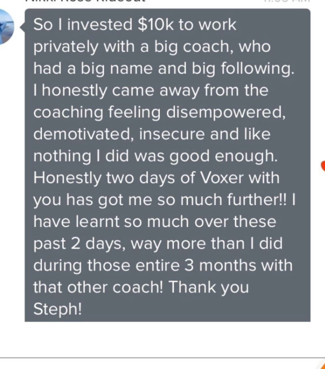 Client message from Nikki about her progress after two days of Voxer support