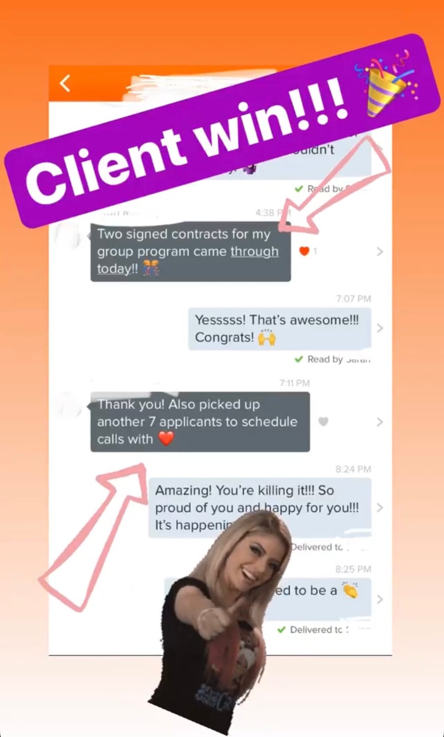 Client message about two signed group program contracts and 7 new applicants