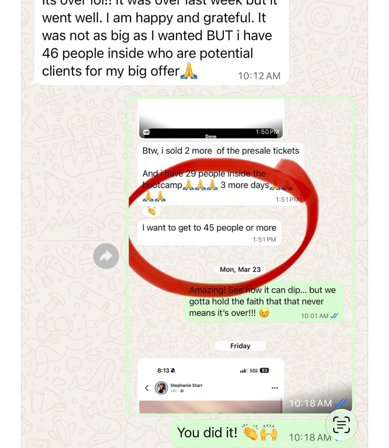 Client chat about 46 potential clients for her big offer