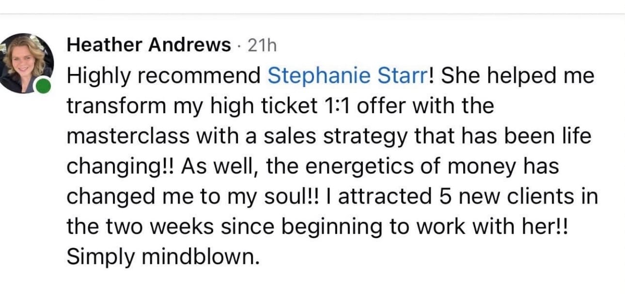 Client review from Heather about attracting 5 new clients in two weeks