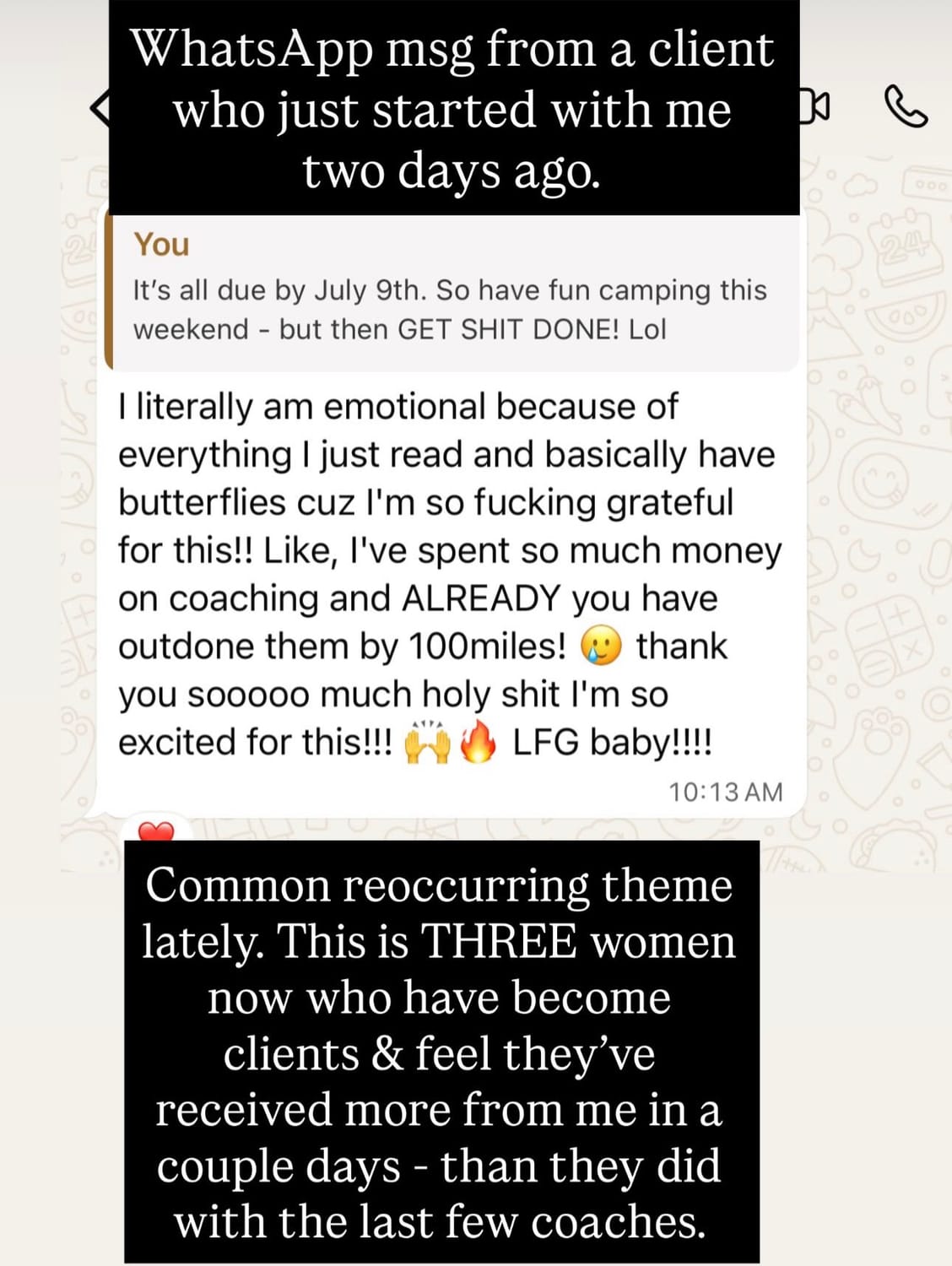 Client WhatsApp message about receiving more in two days than with other coaches