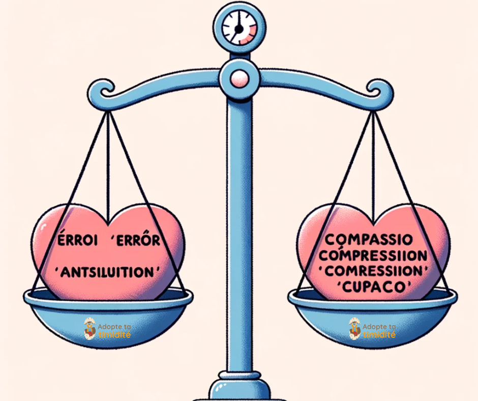 Balance comparant un cœur lourd entouré de mots négatifs à un cœur léger entouré de mots positifs, illustrant l'autocritique versus l'auto-compassion