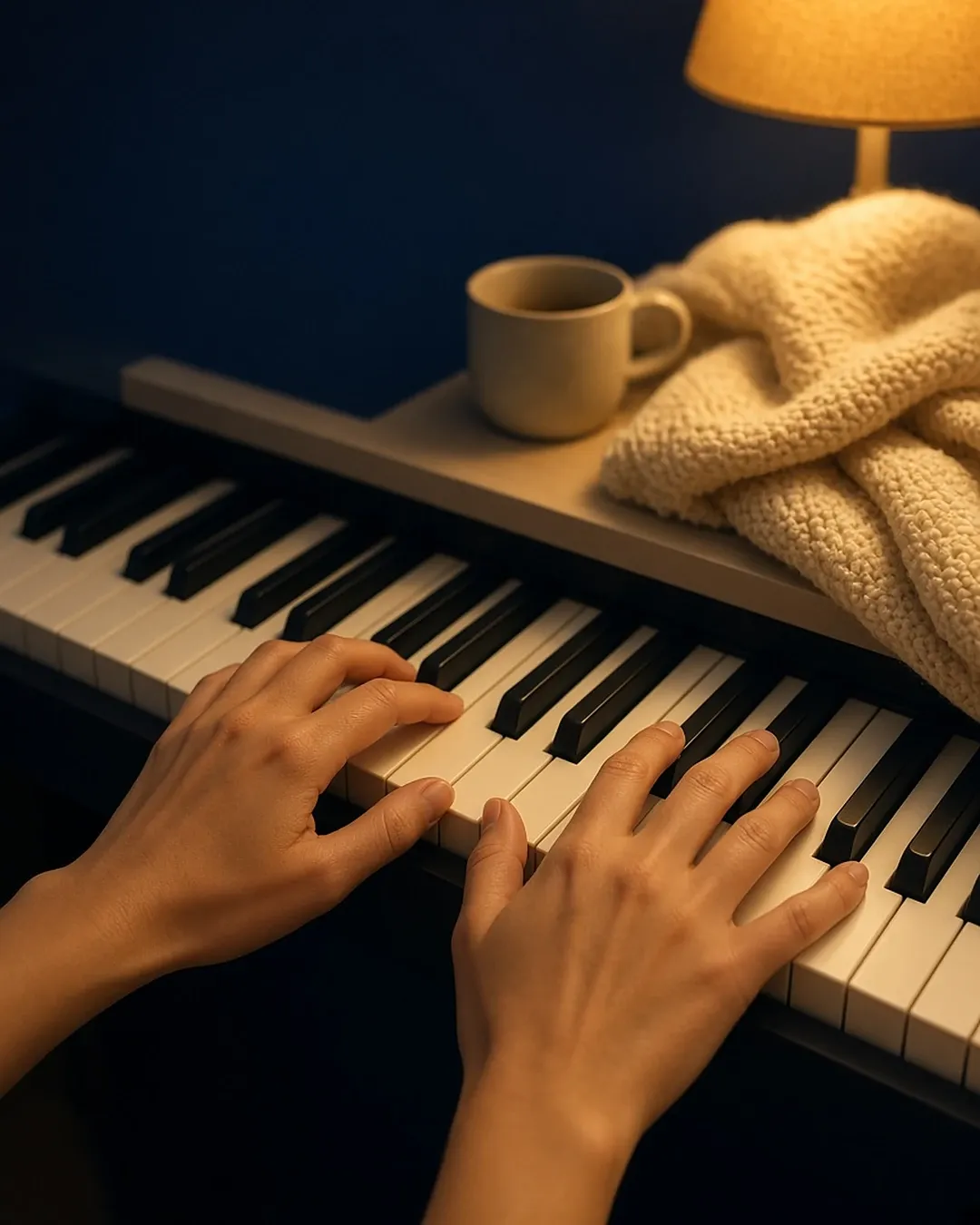 Hands resting on piano keys in warm lamplight
