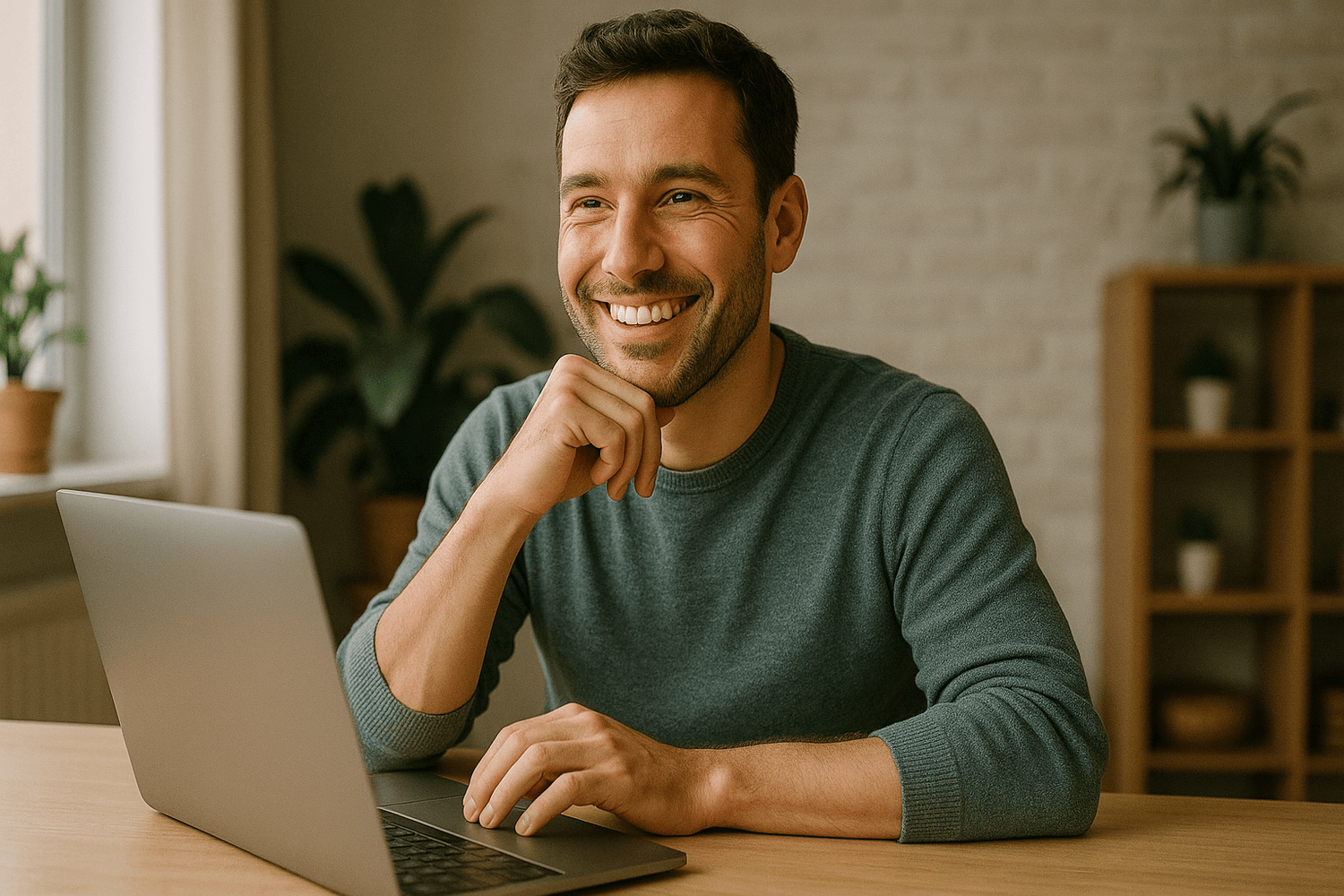 Emprendedor digital tomando decisiones éticas en su negocio consciente frente a laptop