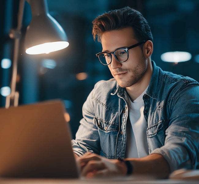 Emprendedor digital tomando decisiones éticas en su negocio consciente frente a laptop