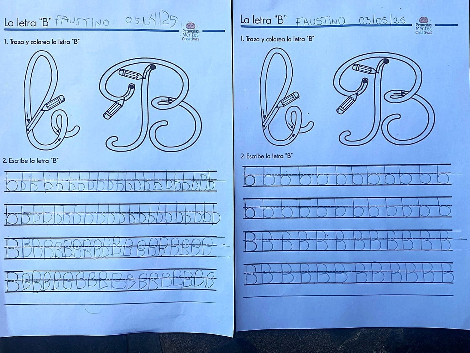Comparativa de la escritura de un niño antes y después de usar el kit