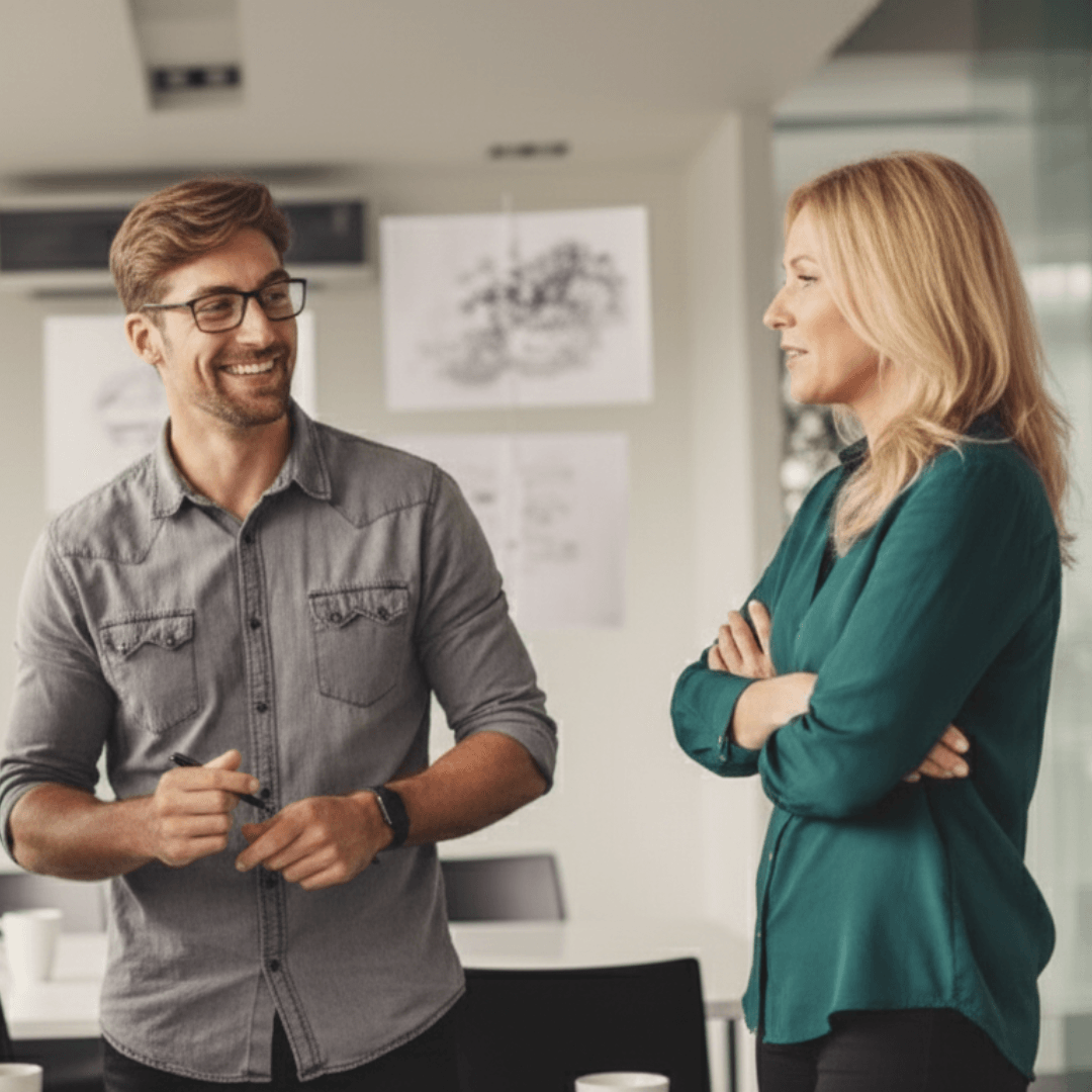 Üzleti szakemberek egyeztetnek egy modern irodában, együttműködés és stratégiai tervezés közben, amely az egyedi, cégre szabott mesterségesintelligencia-megoldások kialakítását és a tanácsadási folyamat értékét szemlélteti.