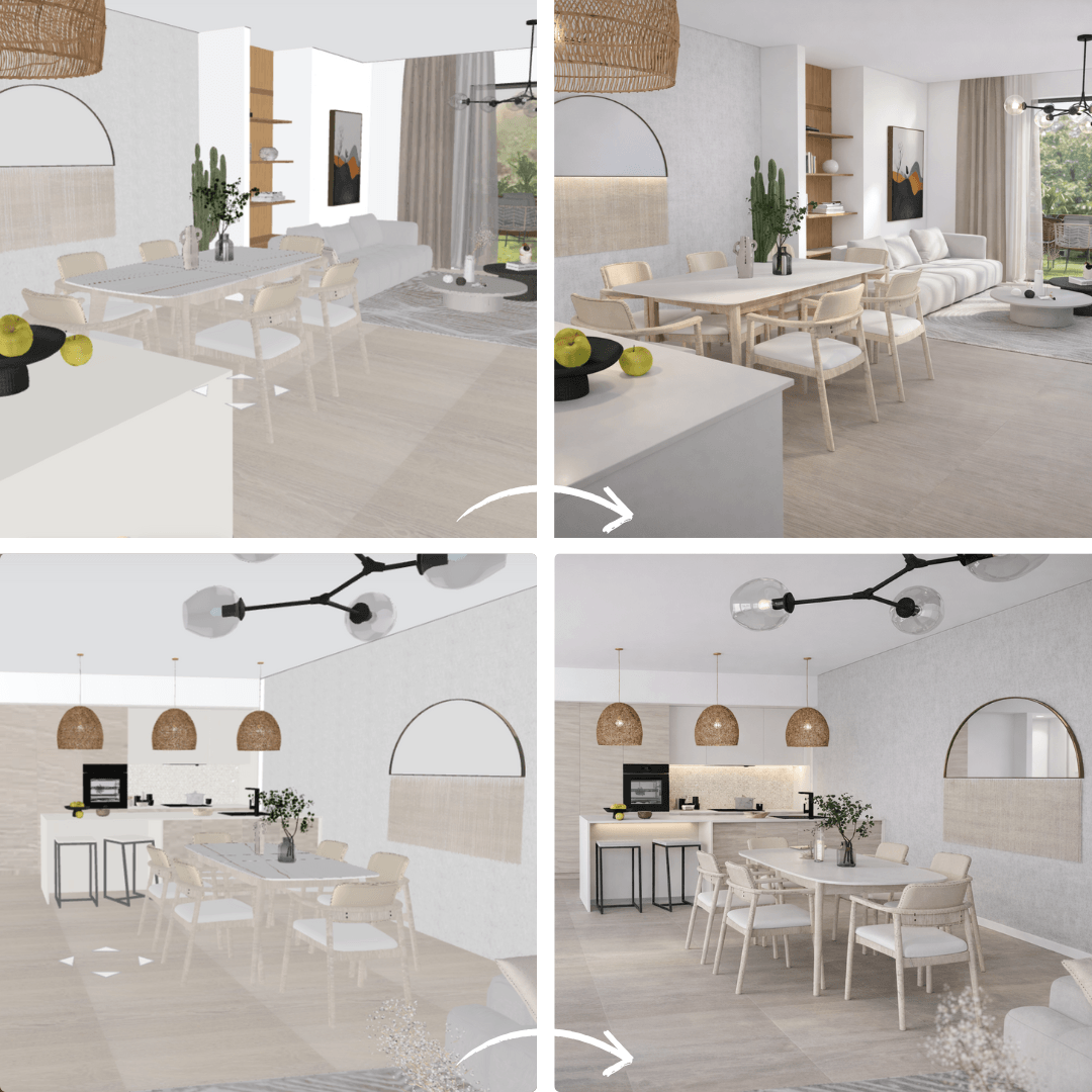 AI-val készült fotórealisztikus lakberendezési renderelések előtte–utána összehasonlítással.