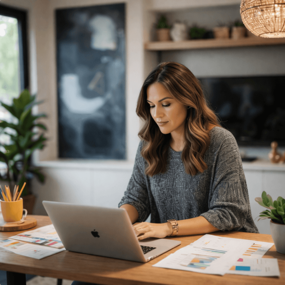 Lakberendező nő laptopon dolgozik egy modern, otthonos enteriőrben, AI-alapú lakberendezési workshopot bemutató oldalon, amely a mesterséges intelligencia gyakorlati használatát, renderelést, képgenerálást és hatékonyabb ügyfélmunkát hangsúlyozza.