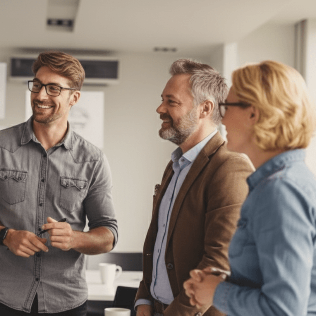 Emberek egy beszélgetnek egy közös gondolkodási folyamat során, amely a mesterséges intelligencia működését, az információfeldolgozást és a döntéstámogató logikát szemlélteti.