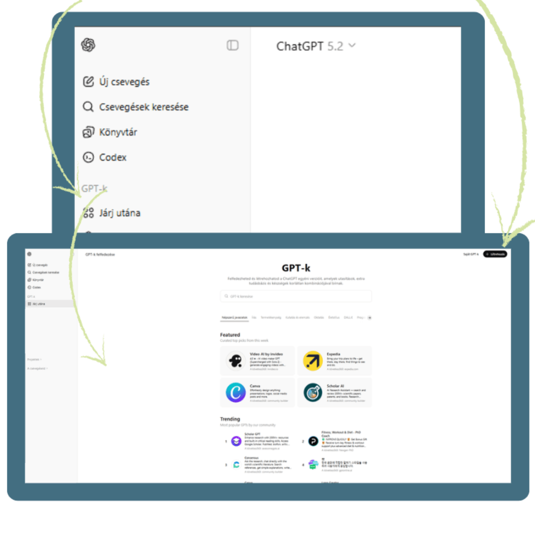 Képernyőfotó arról, hogy a ChatGPT-n belül hol lehet AI asszisztenst létrehozni