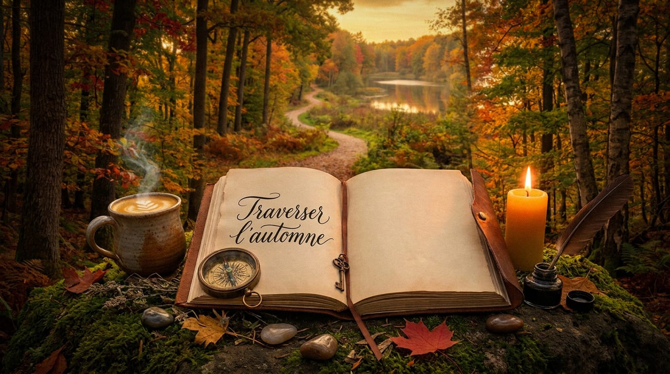 Femme assise sur une plage brumeuse d'automne, posture recueillie