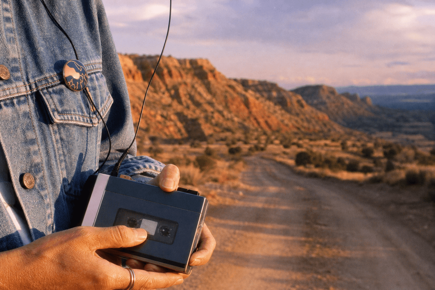 A woman holding a cassette Walkman on a desert road